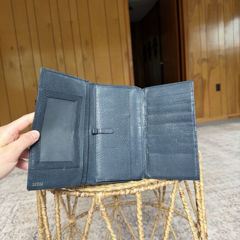 Vintage GUCCI GG Supreme Canvas Navy Blue Leather Wallet Logo Gold Snap Trifold - Picture 10 of 16